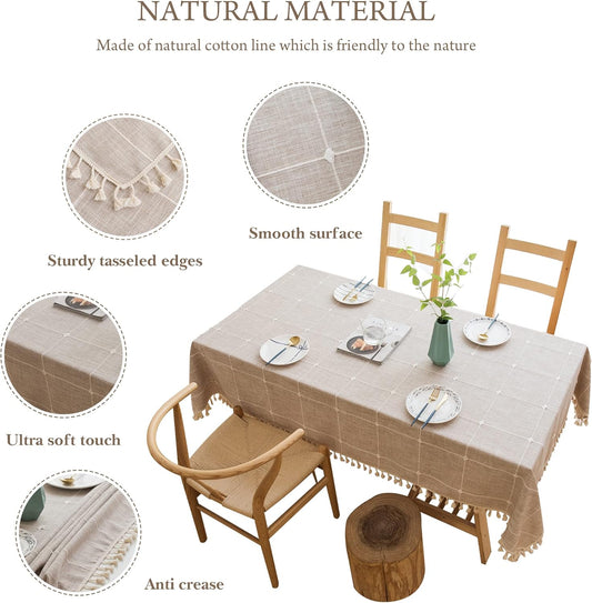 Pahajim Rustic Linen Tablecloth Cotton Rectangle Table Cloth for Kitchen Dining with Tassel Plaid Waterproof Tablecloths Rectangle/Oblong,55''x102'',8-10 Seats
