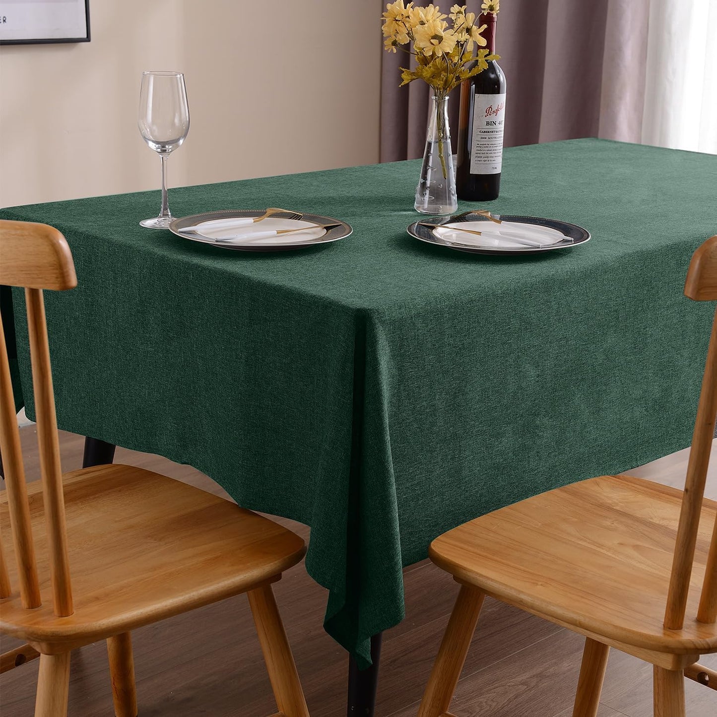 SEASHORE TREE Rectangle Tablecloth Linen Textured Table Cloths 55 x 95 Inch Waterproof Spill-Proof Wipeable Wrinkle Free Dining Table Cover for Buffet Party Farmhouse Outdoor Indoor Use, Hunter Green