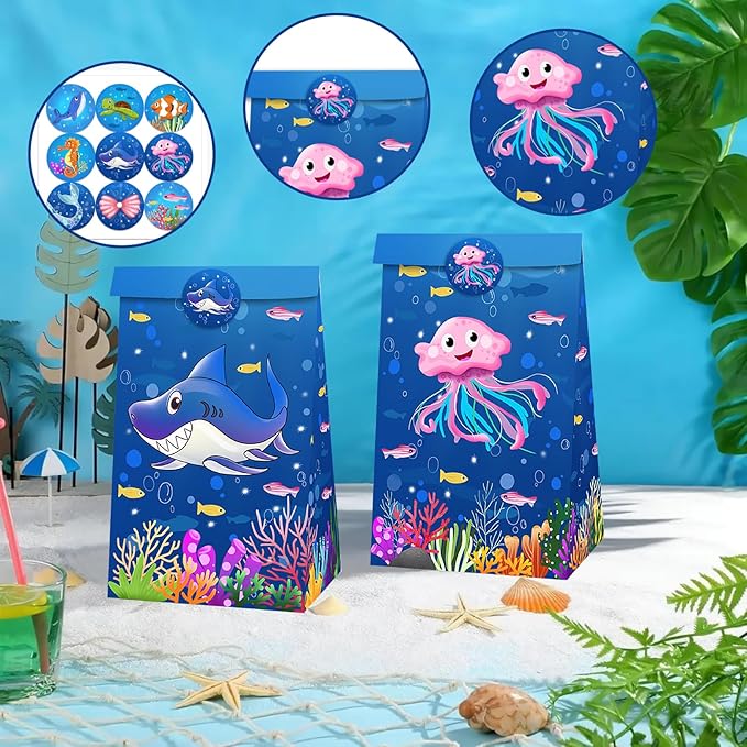 Inshinern Ocean Animals Party Favors Under The Sea Goodie Treat Gift Bag with Stickers Jellyfish Shark Coral Oneder The Sea Party Decorations Mermaid Themed Candy Bags for Kids Birthday Baby Shower