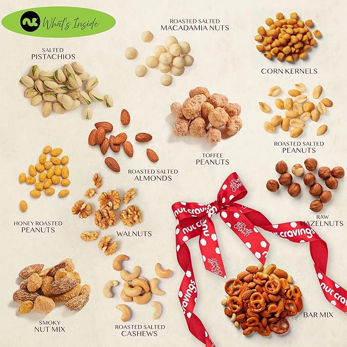 NUT CRAVINGS Gourmet Collection - Get Well Soon, Nuts Gift Basket with Get Well Soon Ribbon in Reusable Wooden Tray (12 Assortments) Food Arrangement, Healthy Snack Care Package, Food Assortments