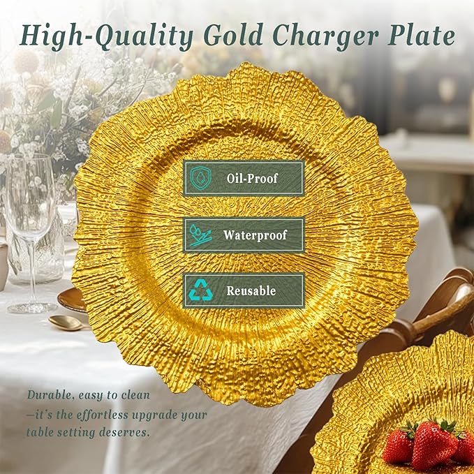 Gold Charger Plates Set of 15/50, Reef Plate Chargers for Dinner Plate, Round Plastic Table Chargers for Thanksgiving, Christmas (15)