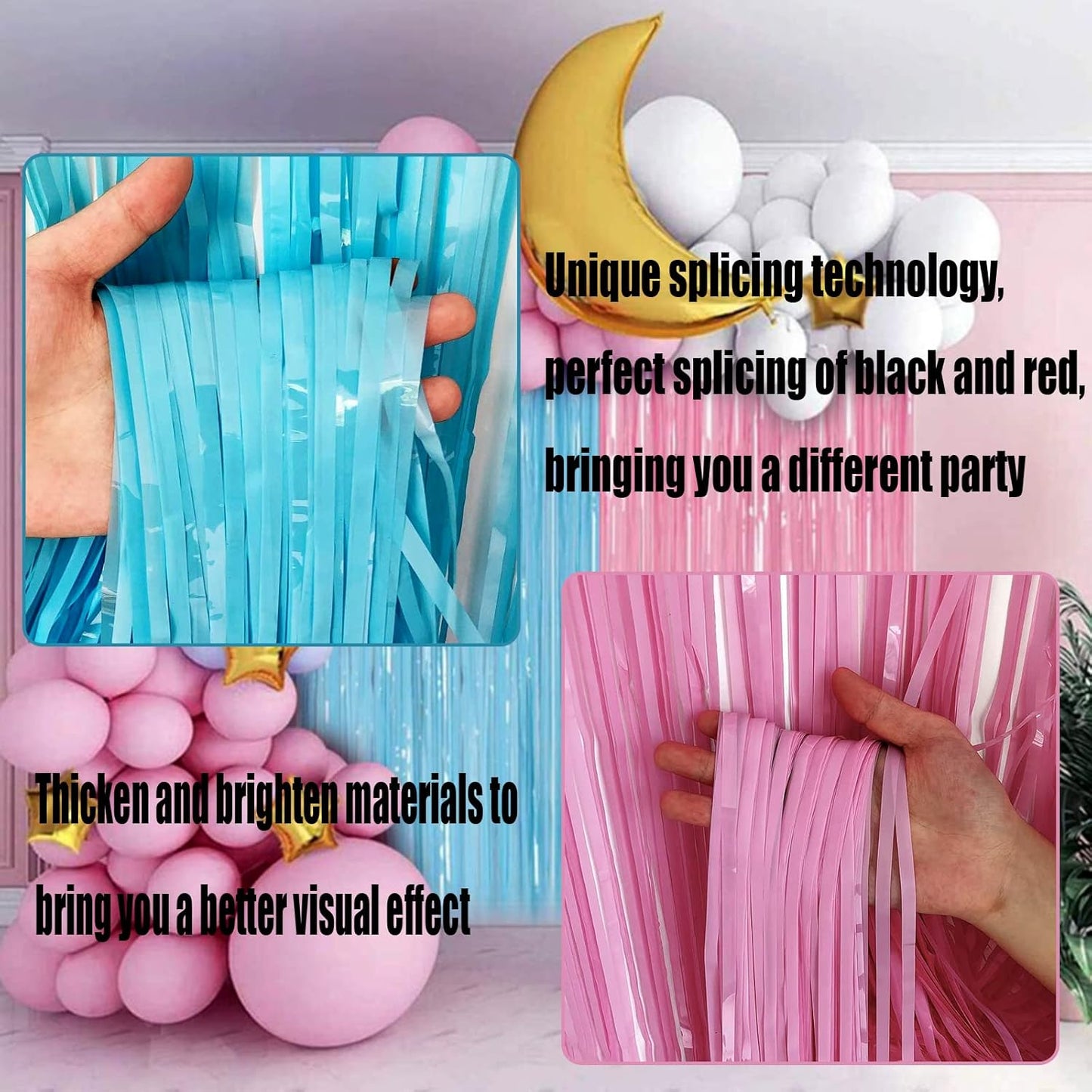 4 Pack Macaron Pink Blue Foil Fringe Curtain Backdrop, 3.28Ft x 6.56Ft Metallic Tinsel Foil Fringe Streamers for Photo Booth, Wedding Gender Reveal Backdrop Boy or Girl Birthday Party Decoration
