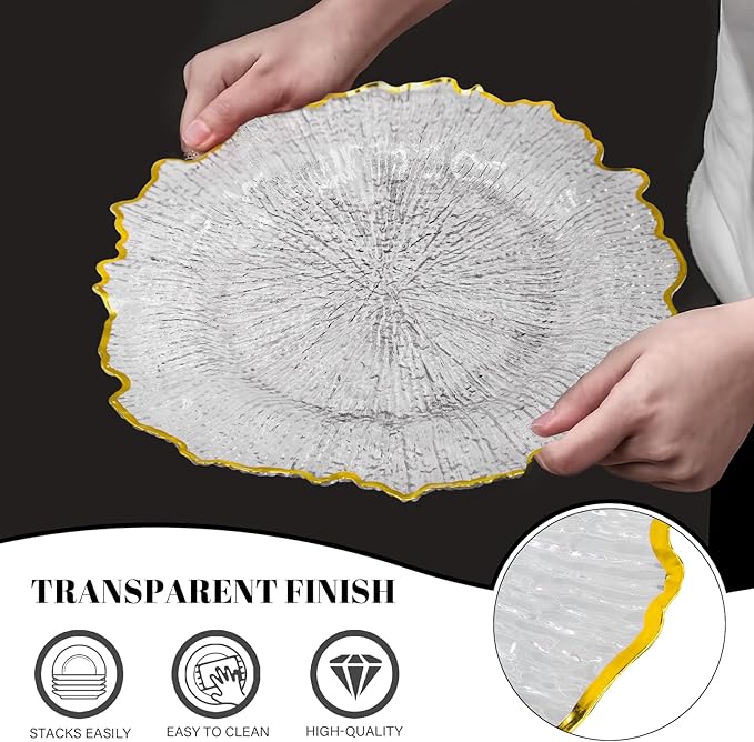MAONAME 13" Clear Charger Plates, Round Reef Chargers for Dinner Plates, Plastic Plate Chargers for Table Setting, Wedding Decor, Set of 12