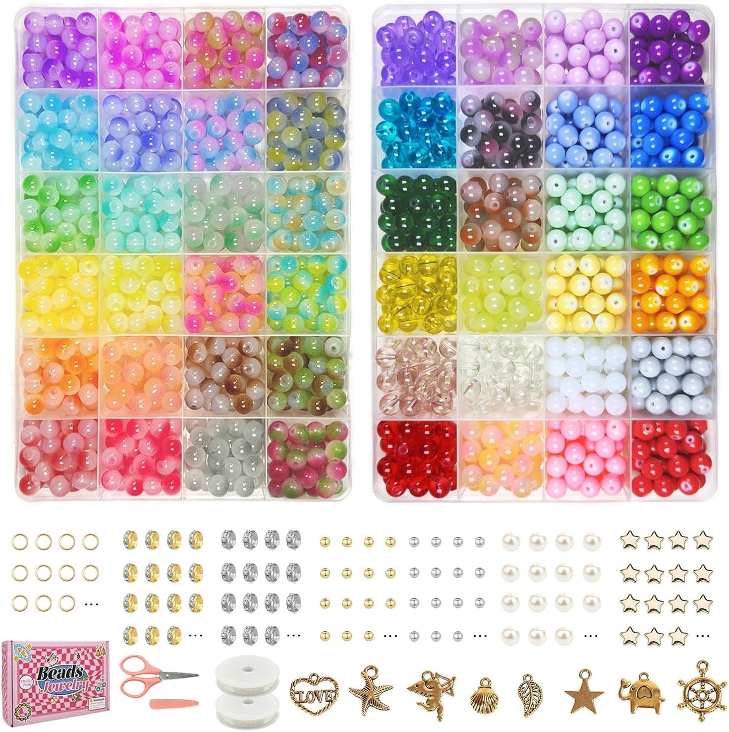 Dayify 1500 Pcs 48 Colors Glass Beads Bracelet Making Kit, 8mm Crystal Beads for Jewelry Making, Round Glass Beads with Charms for Bracelets and DIY Crafts (29 Mermaid Colors and 19 Solid Colors)