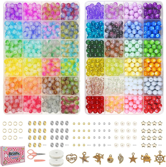 Dayify 1500 Pcs 48 Colors Glass Beads Bracelet Making Kit, 8mm Crystal Beads for Jewelry Making, Round Glass Beads with Charms for Bracelets and DIY Crafts (29 Mermaid Colors and 19 Solid Colors)