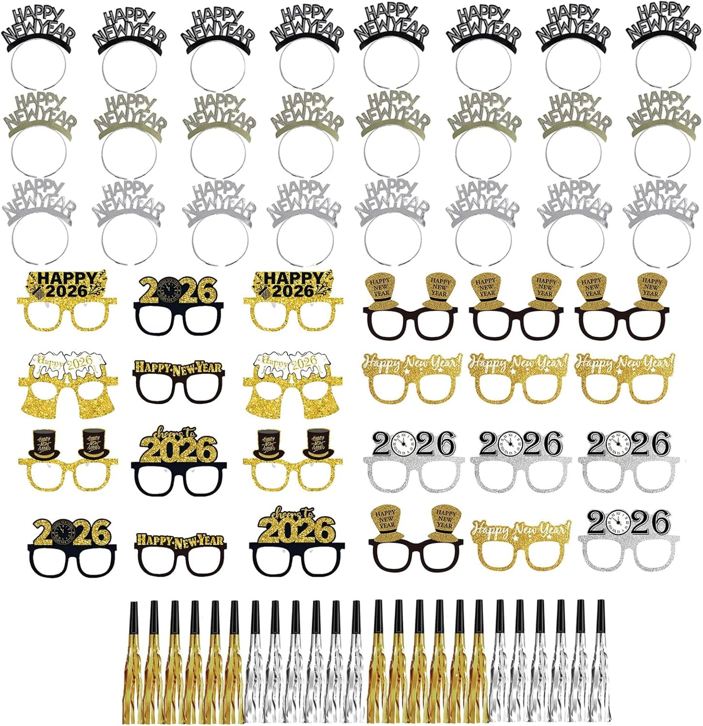 78PCS New Years Eve Party Supplies 2026,Happy New Year Headband,Glasses,Noise Makers Party Favors