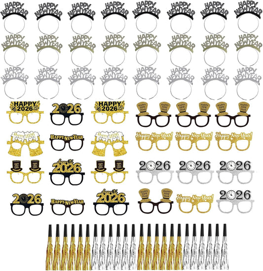 78PCS New Years Eve Party Supplies 2026,Happy New Year Headband,Glasses,Noise Makers Party Favors