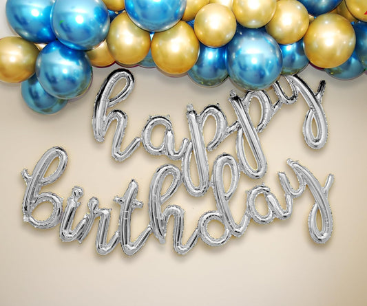 Silver Happy Birthday Balloons Banner | Script/Cursive Gold Letter Balloon Sign For Birthday Party Decor/Decoration | Foil Mylar Happy Birthday Banner