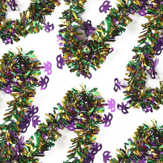 50 Feet Mardi Gras Tinsel Gold Green Purple Christmas Tree Tinsel Garland Metallic Twisted Hanging Garland for Mardi Gras Oktoberfest Birthday Party Decoration, B