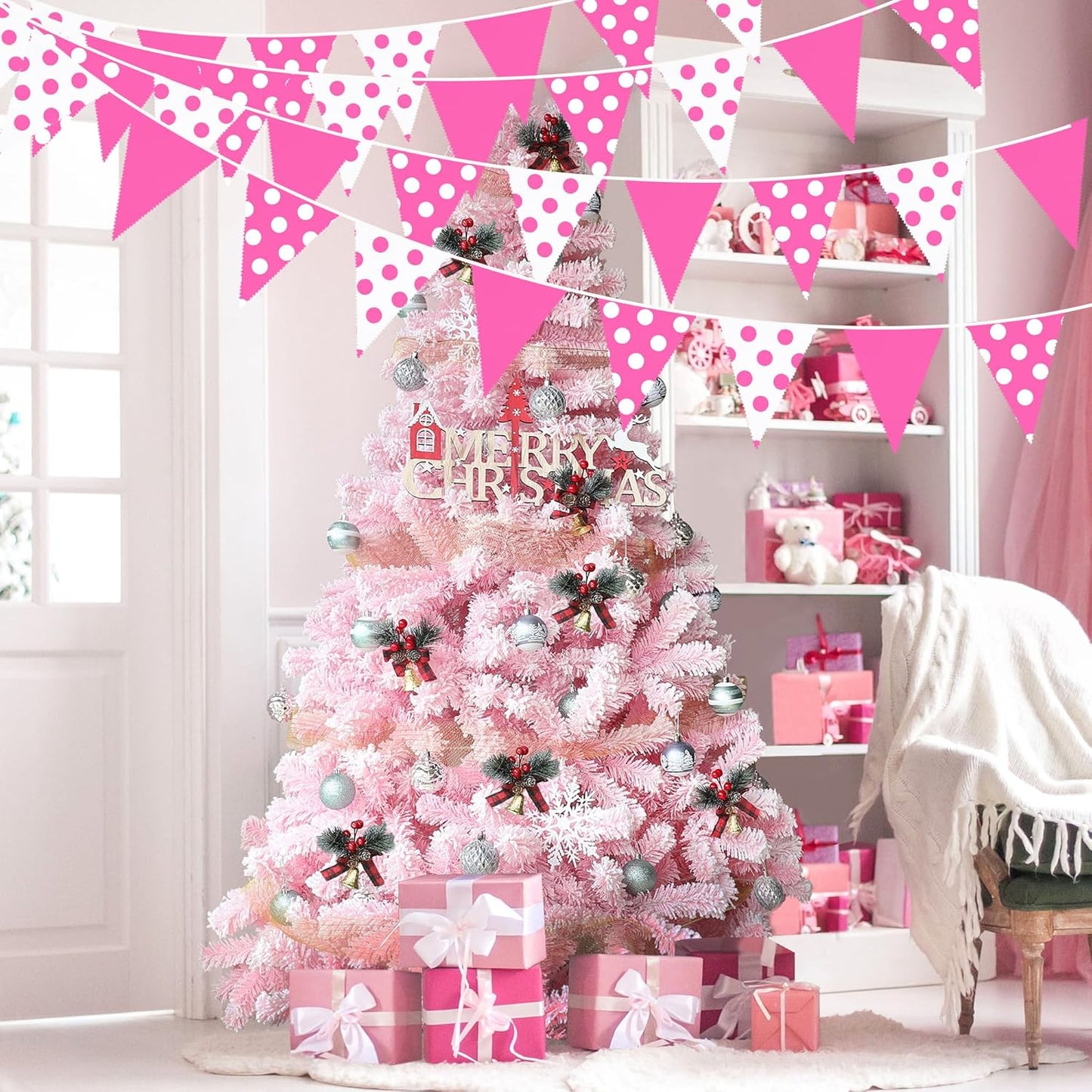 32Ft Hot Pink Party Decorations Pink Fabric Pokal Dot Pennant Triangle Banner Party Flag Bunting Streamer Garland for Birthday Wedding Baby Shower Anniversary Home Outdoor Garden Decor Supplies