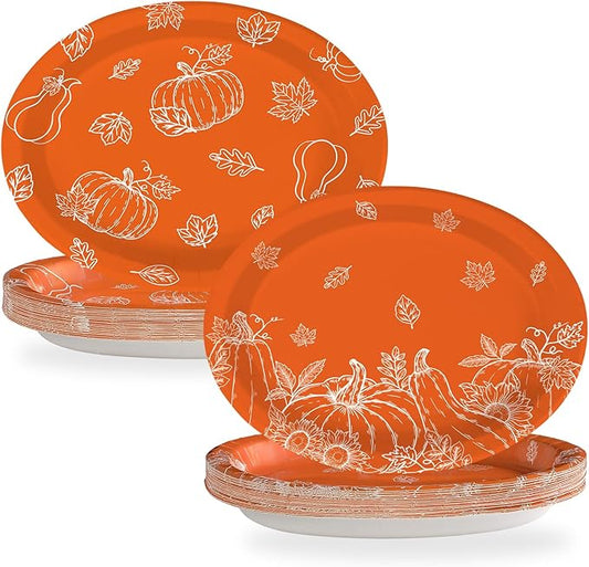 50Pcs Fall Pumpkins Oval Paper Plate Thanksgiving Plate 10" X 12" Large Disposable Heavy Duty Burnt Orange Pumpkin Autumn Leaves Platter for Terracotta Fall Harvest Thanksgiving Party Decoration