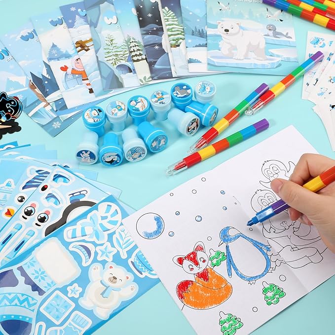 BenLouis Winter Party Favors Set Holiday Themed Coloring Book Classroom Gift Prizes Bulk for Students Kids Christmas Frozen Birthday Goodie Bag Stuffers Pinata Filler (12Set Snowflake)