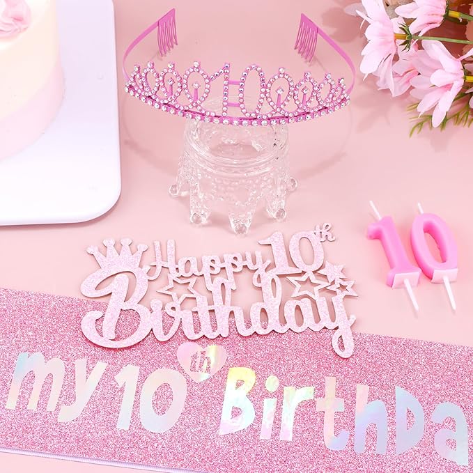 10th Birthday Party Decorations Set for Girls- Pink Crown, Glitter Sash, Number 10 Candle & Cake Topper Kit for Birthday Celebrations Party Supplies Gift
