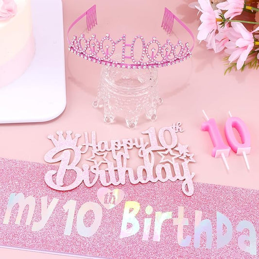 10th Birthday Party Decorations Set for Girls- Pink Crown, Glitter Sash, Number 10 Candle & Cake Topper Kit for Birthday Celebrations Party Supplies Gift