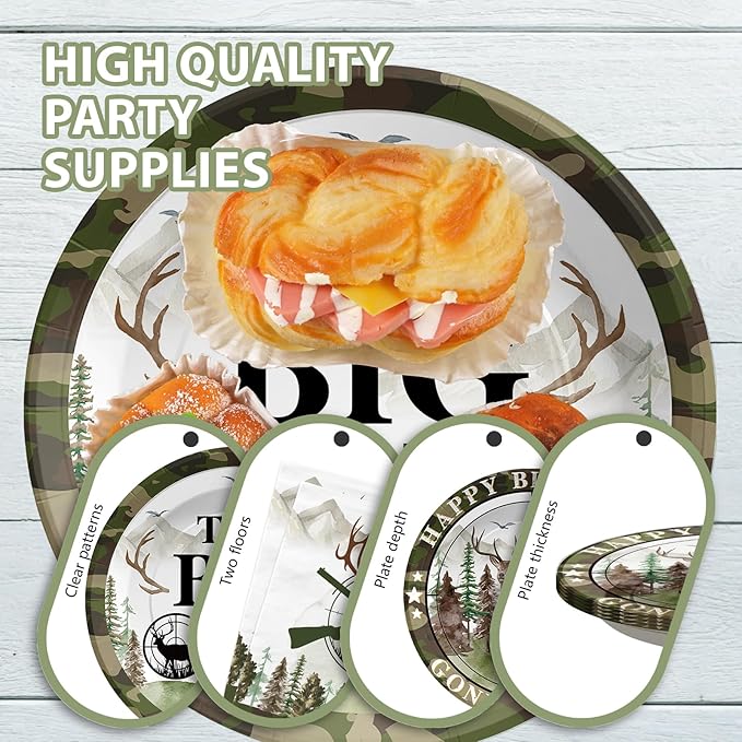 96Pcs Hunting Camo Birthday Party Decorations Hunting Camo Party Plates Disposable The Big One Paper Tableware Set for Gone Hunting Themed 1st Birthday Party Supplies, Serves 24