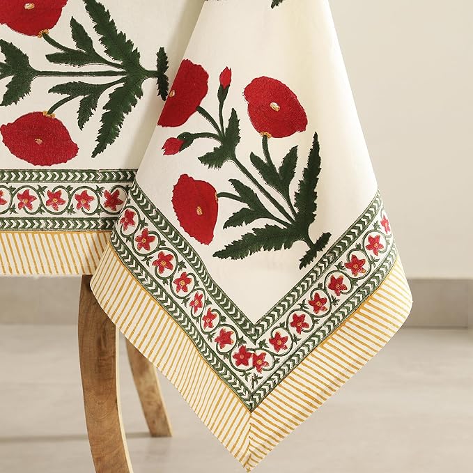 Labhanshi Indian Handblock Print Pre-Washed Cotton Floral 60x90 Inch Rectangle 6-Seater Tablecloth|Rustic Farmhouse Decorative Party Event Wedding Thanksgiving Festive Holiday Decor|Red Poppy