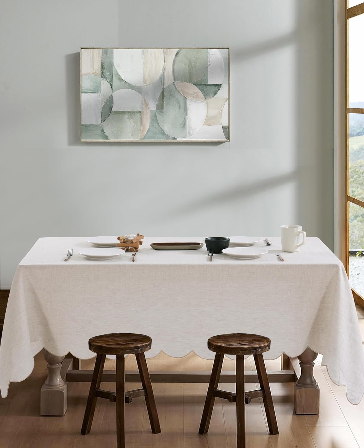100% French Flax Linen Scalloped Embroidery Rectangle Tablecloths 120Lx60W Inch for Dinners, Parties, Spring, Machine Washable, 10-12 Sets, Linen(Edges-Gold)
