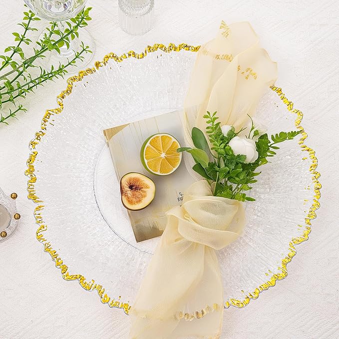 6pcs Clear and Gold Charger Plates Set 13inch,Gold Chargers Heavy Duty Wave Design,Chargers for Dinner Plates With Textured Suitable for Wedding Afternoon Tea,Spring,Valentine's Day
