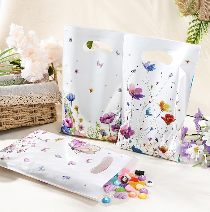 Wildflower Gift Bags, 50 Pcs Wildflower Party Favor Bags with Handles, Plastic Floral Goodie Candy Cookie Treat Bag for Wildflower Baby Shower Decorations Birthday Spring Party Favors Supplies