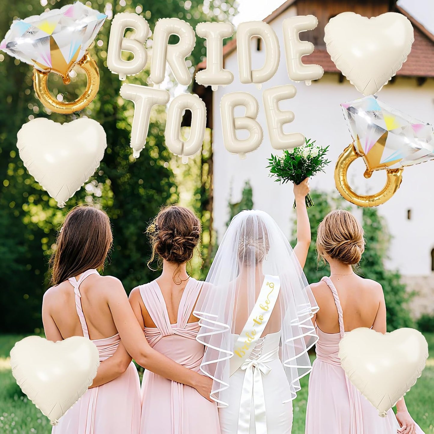 Sand White Bachelorette Party Decorations, Cream White Bride To Be Banner Heart Balloons with Diamond Ring Foil Balloon, Bride To Be Sash&Veil for Bachelorette Engagement Bridal Shower Party Supplies