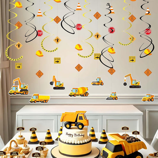 16Pcs Construction Theme Party Hanging Decorations – Swirl Set with Trucks, Traffic Cone & Safety Symbols | Party Supplies & Decorations, Party Favors for Construction Themed Celebrations