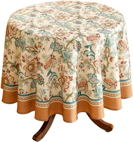 Designer Linen Round Tablecloth,Vintage Indian Style Wrinkle Free Block Print Table Cloth,Decorative Table Cover for Kitchen,Dining,Party,Thanksgiving,Christmas,Diameter 67"-Mangala