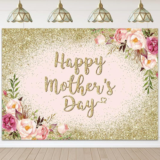 Avezano Glitter Gold Happy Mother's Day Backdrop for Thanks Mother Party Photoshoot Photography Background Blush Pink Golden Glitters Dots Floral Mom's Day Party Decorations Backdrops (10x7ft)