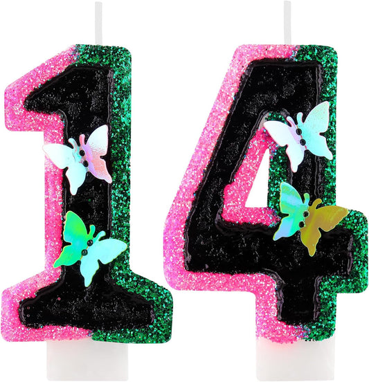 Birthday Number 14 Candles Pink Black and Green Butterfly Birthday Candles for Glitter Cake Topper with Sequins Decorations Girls Women Witch Theme Anniversary Celebrations Supplies