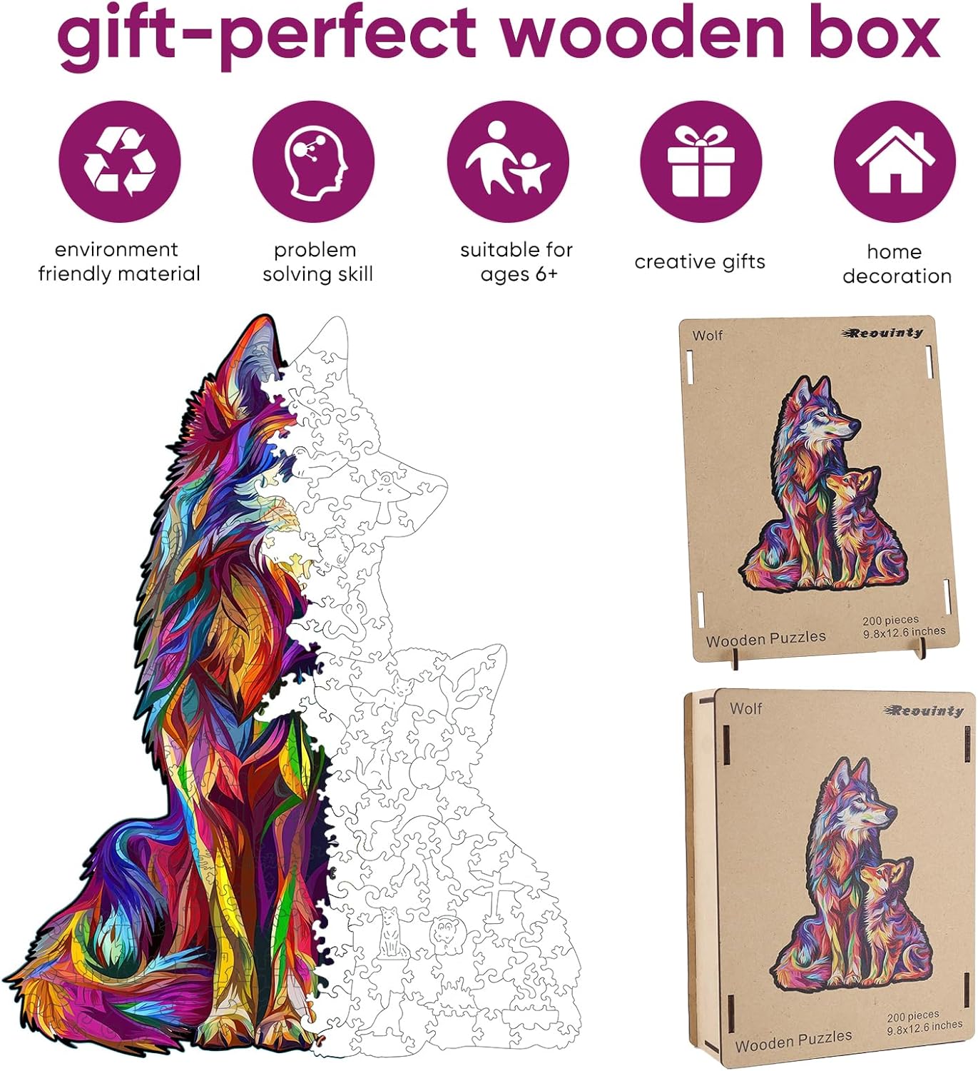 Reouinty Wooden Puzzles for Adult, Wolf Family Jigsaw Puzzles 200 Pieces, Unique Shaped Animal Wood Adult Puzzle, Best Gifts for Adults Family Games 9.8 x 12.6 in