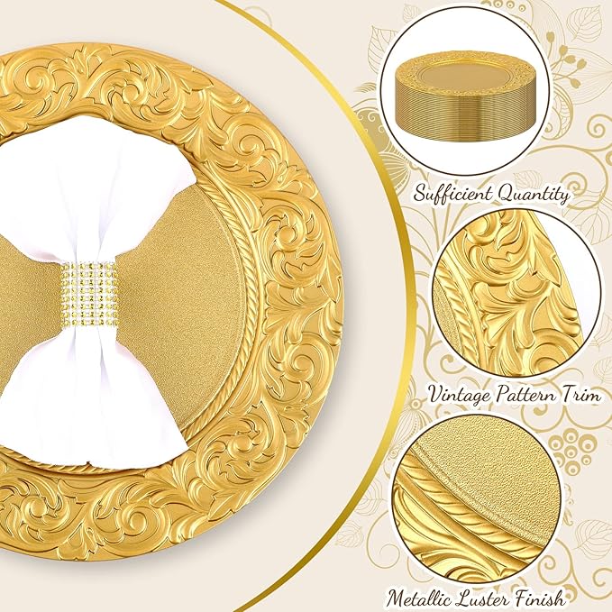 Uiifan 50 Pcs Antique Charger Plates Bulk 13'' Plastic Plate Chargers Decorative Embossed Rim Round Plates for Wedding Party Event Dinner Kitchen Table Setting Decoration (Gold)