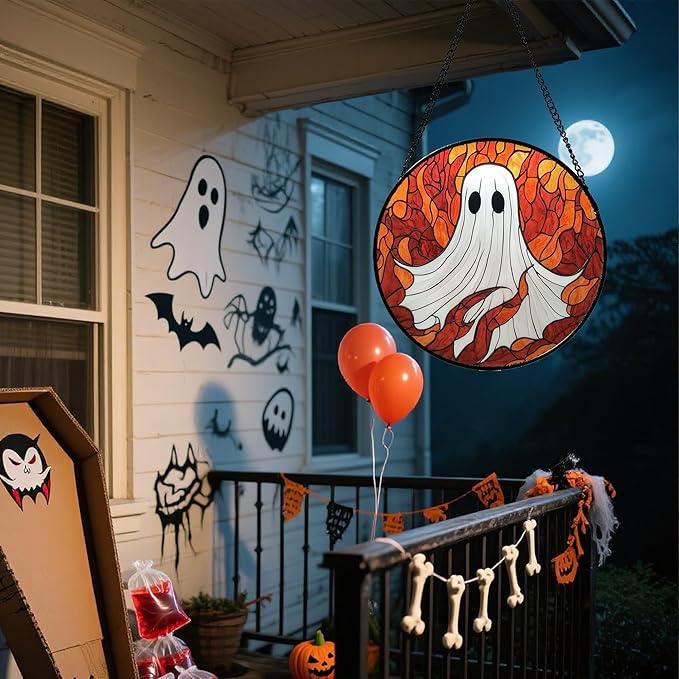 Stained Glass Window Hanging - Halloween Decorations White Ghost Orange Sky Suncatcher for Doors Garden Funny Spooky Sun Catchers Gothic Decor Horror Gifts for Women Men Friend Boy 7.8 in