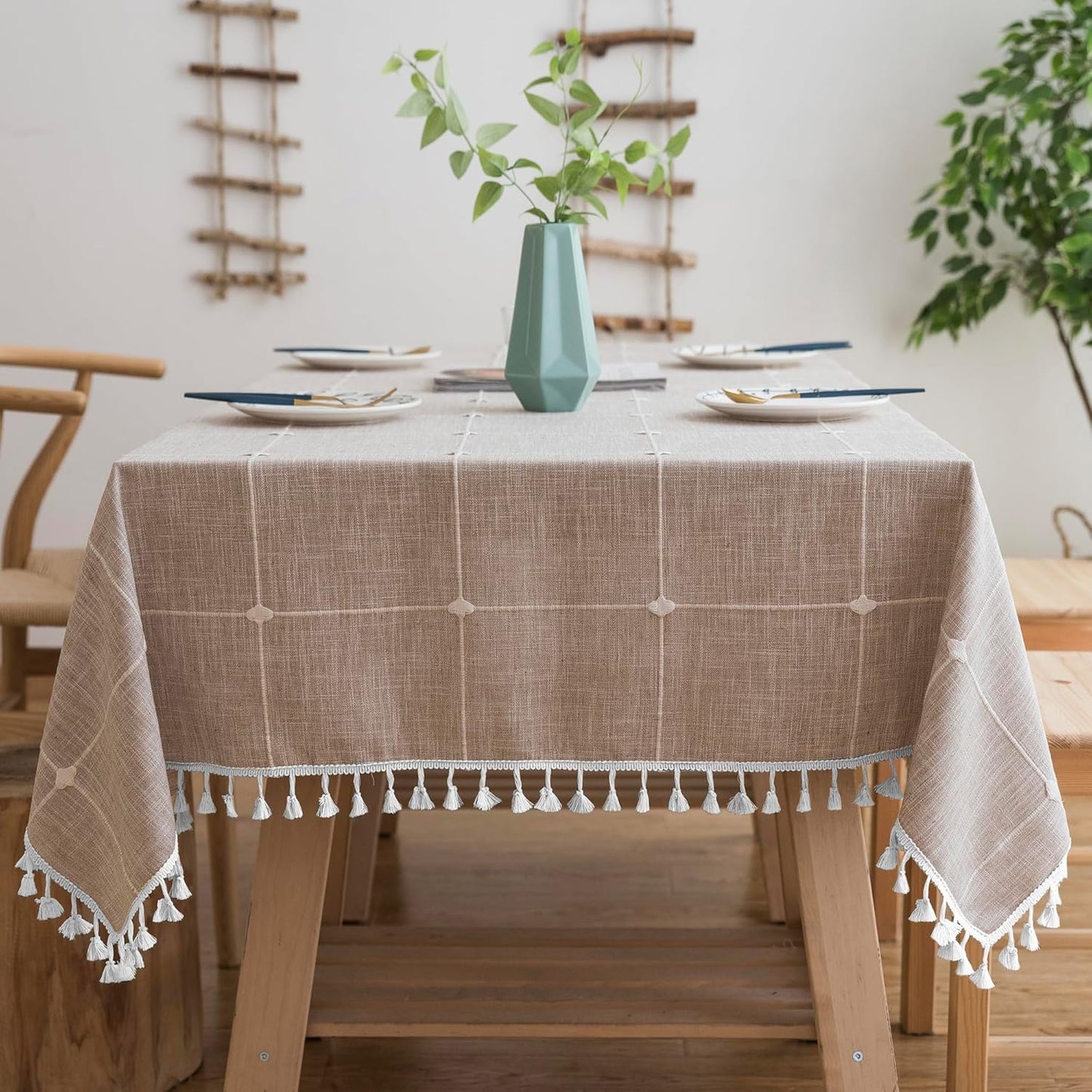 Oubonun Cotton Linen Rectangular Tablecloth - Wrinkle Resistant & Waterproof - Machine Washable Table Cloth with Tassels for Kitchen & Dining, 55''x86'', 6-8 Seats