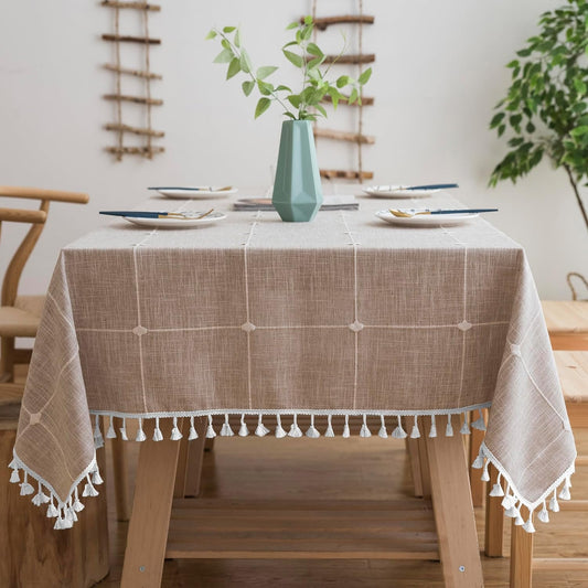 Oubonun Cotton Linen Rectangular Tablecloth - Wrinkle Resistant & Waterproof - Machine Washable Table Cloth with Tassels for Kitchen & Dining, 55''x86'', 6-8 Seats