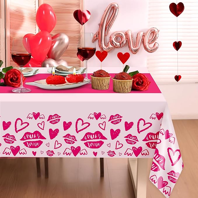 Childom 2 Pcs Valentines Day Tablecloths for Valentines Day Decorations,54" x 108" Disposable Plastic Tablecloths,Rectangle Lip Table Cover for Party Decorations Mothers Day Anniversary Birthday