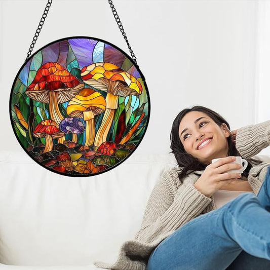 Stained Glass Window Hanging, Jungle Mushrooms Sun Catchers Diamond Glass Panel Hangings Plant Suncatcher Decor for Birthday for Women, Men, Wife, Aunt, and Mom 14.9x14.9 in