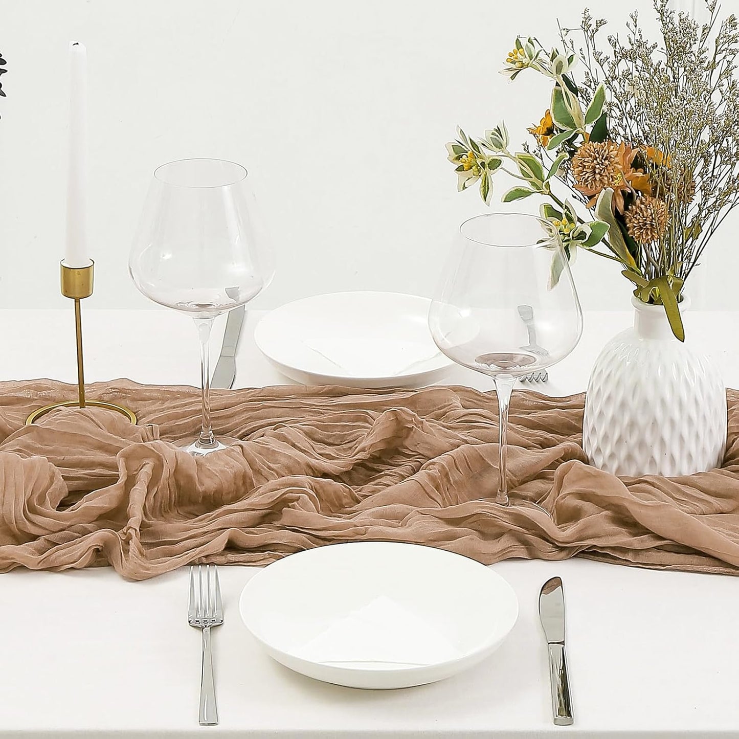 DOLOPL Brown Cheesecloth Table Runner 13.3ft Boho Gauze Cheese Cloth Table Runner Rustic Sheer Runner 160inch Long for Wedding Bridal Baby Shower Birthday Party Cake Table Decorations