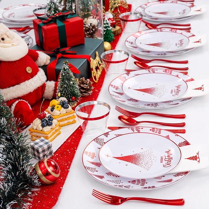 Nervure 175PCS Christmas Plastic Plates - White and Red Disposable Plates - Xmas Tree Plates Include 25Dinner Plate, 25Dessert Plate, 75Silverware, 25Cups, 25 Napkins for Christmas Party