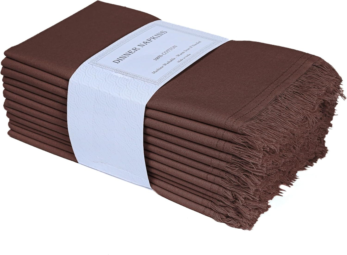 Bedding Craft Cotton Cloth Dinner Napkins Set of 12 – 18x18 Hot Chocolate with Frayed Selvedge Edges – Machine Washable Fabric Napkins for Weddings, Baby Showers, Parties & Everyday Use
