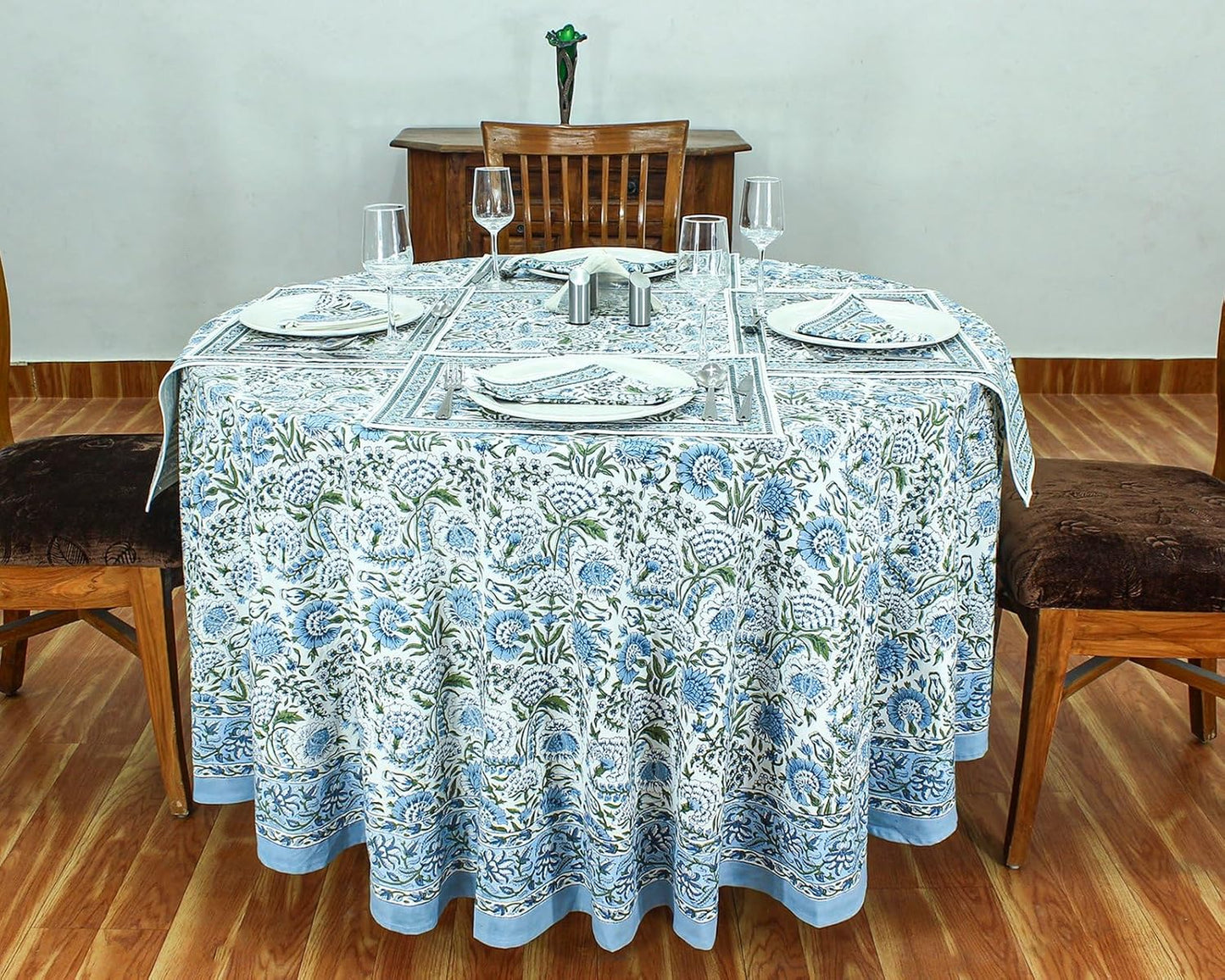 72 Inches Round Hand Block Printed Cotton Tablecloth, Blue Green Floral Table Cloths Washable, Indian Table Linen for Dinning Home Decor Autumn Outdoor Thanksgiving