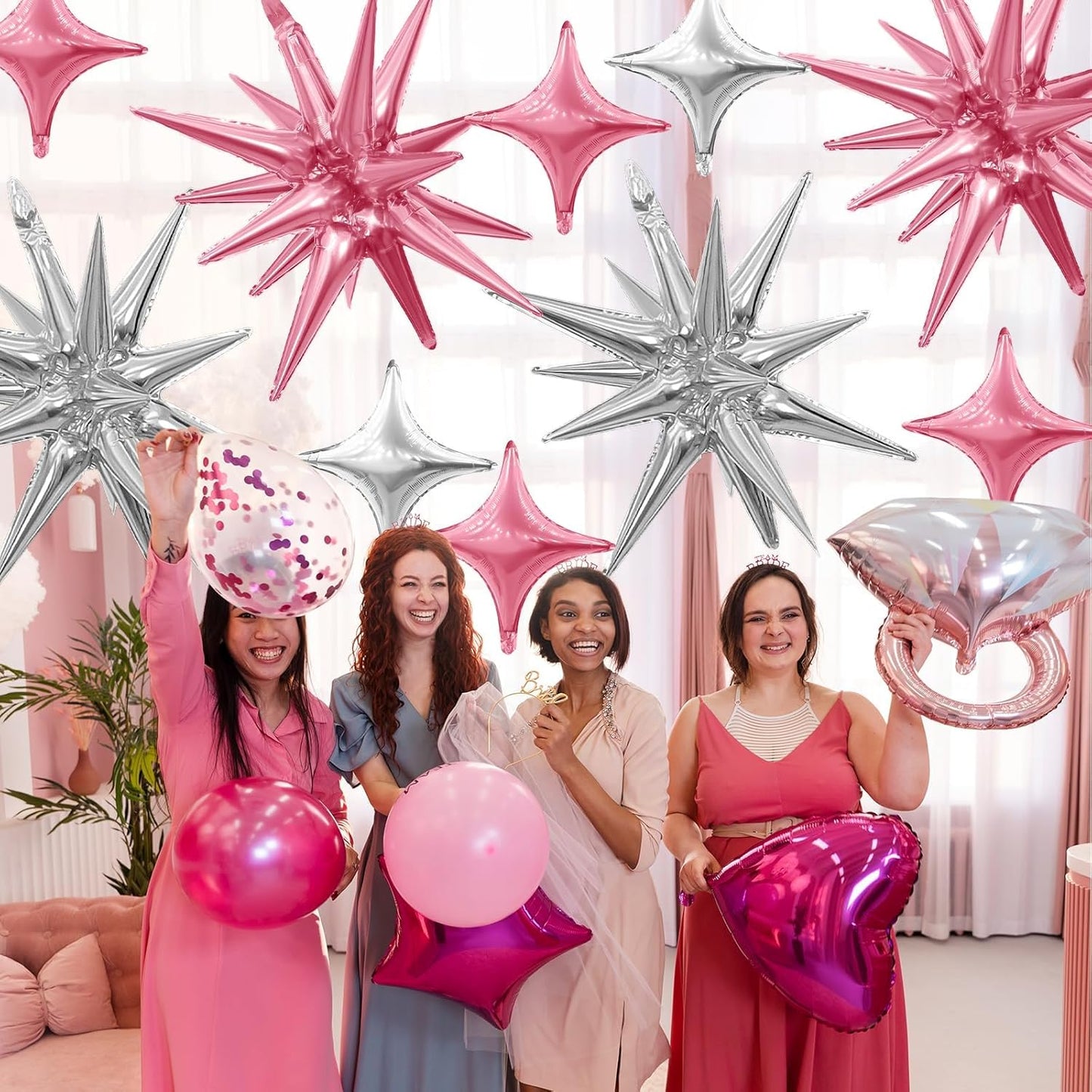 Pink Silver Star Balloon,6Pcs 22Inch Explosion Star Balloons and 10Pcs 10Inch Four Angle Balloons Kit for Birthday Anniversary Baby Shower Wedding Party Decorations