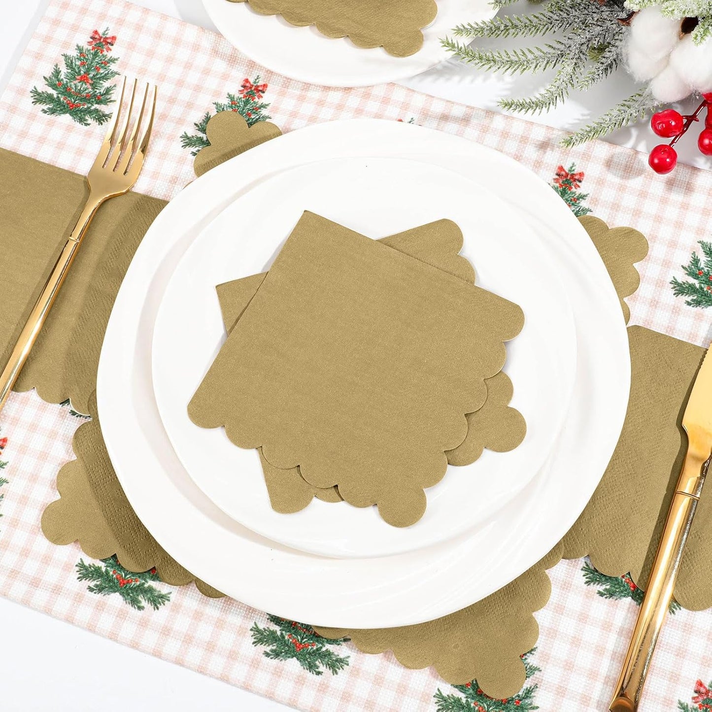 120 Pcs Cocktail Napkins Gold Napkins Disposable Scalloped Dessert Beverage Napkin Gold Party Napkin for Wedding, Birthday, Celebrate, 5 x 5 Inch
