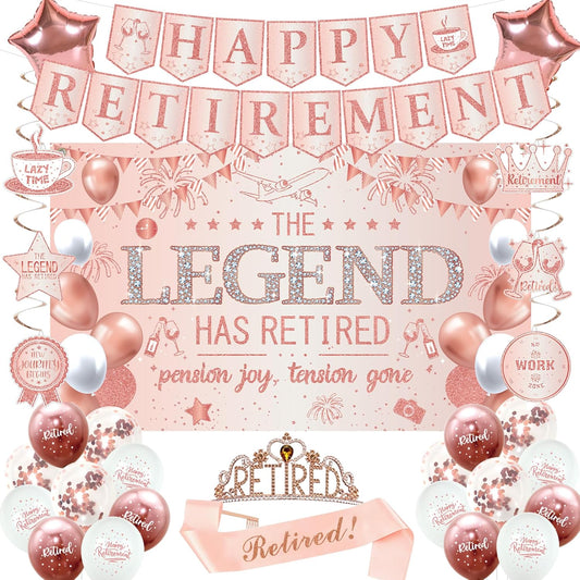 Roetyce Retirement Party Decorations Women, Rose Gold Happy Retirement Banner Backdrop Balloons Hanging Swirls for Coworker Family, Pink Lengend Has Retired Sash & Crown, Office Retired Background