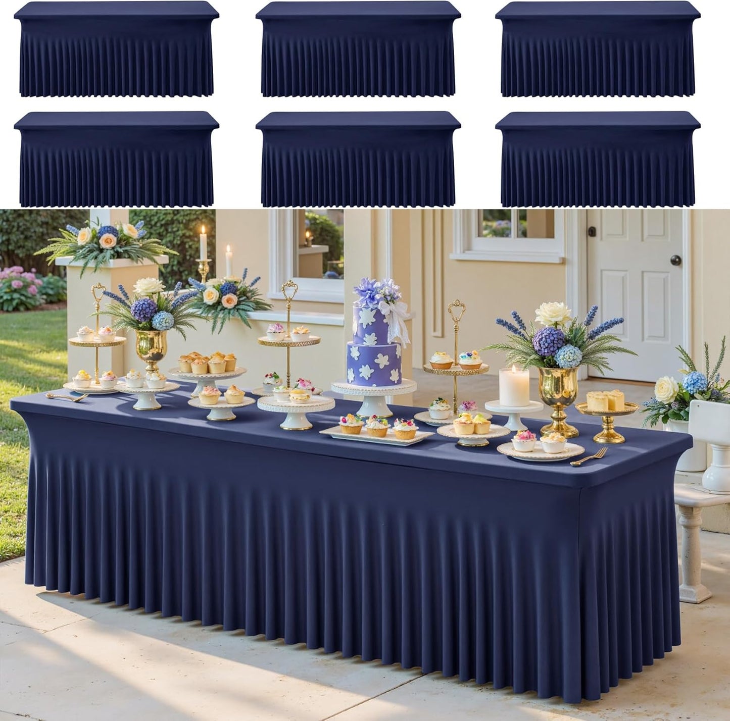 6pk Navy Blue Spandex Tablecloths 6ft for Rectangle Tables, Wrinkle Free Classy Table Skirt Stretchy Fitted Table Cloths Covers 6 Foot for Weddings Birthday Party Events Banquette Baby Shower
