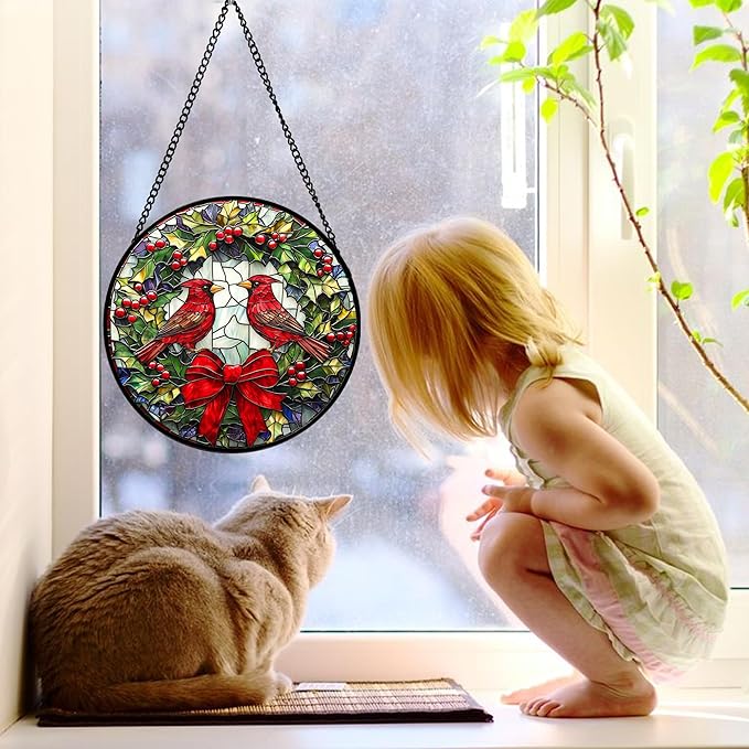 Stained Glass Window Hanging - Cardinals Green Wreath Suncatcher for Doors Home Christmas Decoration Red Bird Sun Catcher Thanksgiving New Year Birthday Gift for Women Men Mom Nana 11.8 in