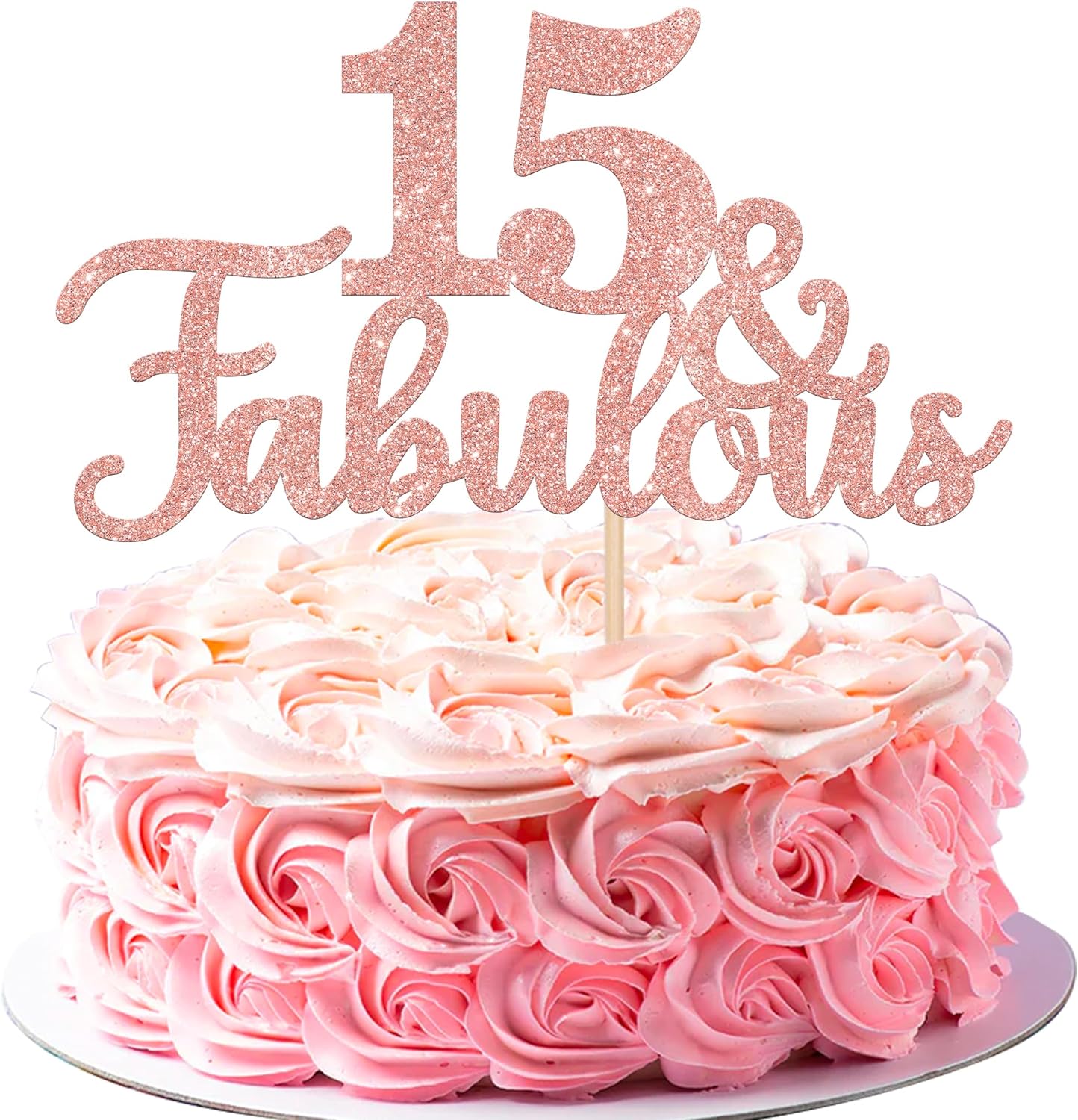 1 PCS 15 & Fabulous Cake Topper Glitter Fifteen and Fabulous Cake Toppers Happy 15th Birthday Cake Pick for 15th Wedding Anniversary Birthday Party Cake Decorations Supplies Rose Gold