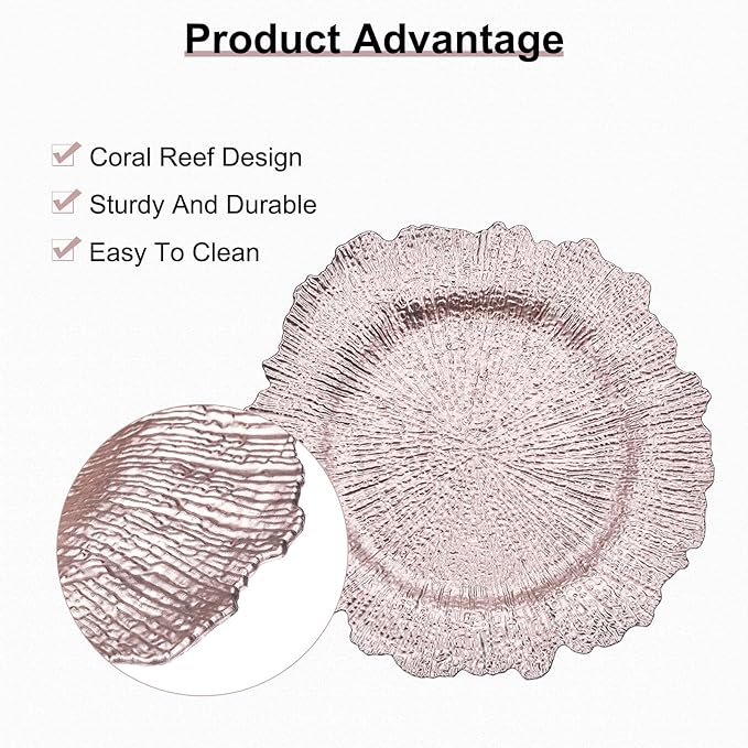 uxcell 10pcs Reef Charger Plates Bulk, 13 Inch Plastic Floral Charger Plates, Round Plate Chargers for Dinner Wedding Party Event Table Setting Decoration Rose Gold