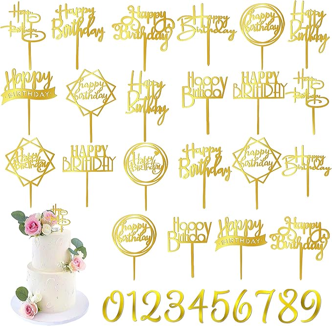 50 PCS Gold Happy Birthday Cake Topper Acrylic Cupcake Topper Pick for Birthday Cake Desserts Decorations (Gold)