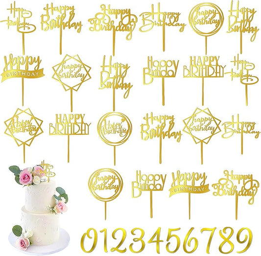 50 PCS Gold Happy Birthday Cake Topper Acrylic Cupcake Topper Pick for Birthday Cake Desserts Decorations (Gold)