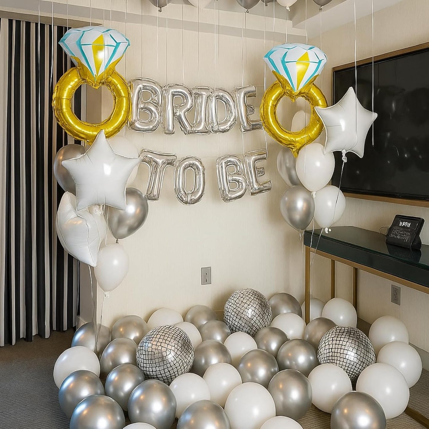Silver Bachelorette Party Decorations, Bride To Be Bridal Shower Letter Balloons Banner with Engagement Diamond Ring Mylar Foil Balloon for Wedding Photo Booth Hen Night Room Party Decor