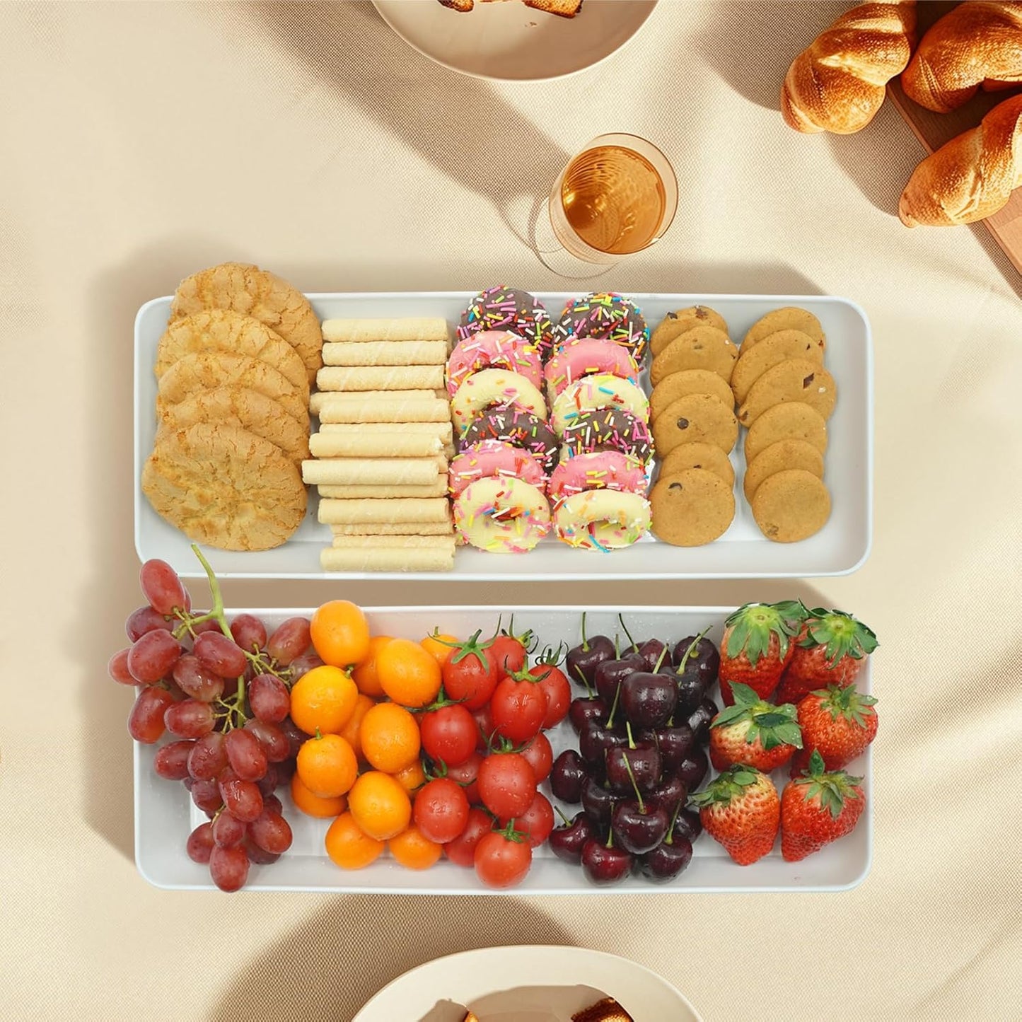 Serving Tray Platter Rectangle, 4 Pcs Long Narrow Food Tray for Veggie Fruit Snack Dessert, Plastic White Food Trays for Party Supplies Display, Rectangular Platters for Serving Food, BPA Free